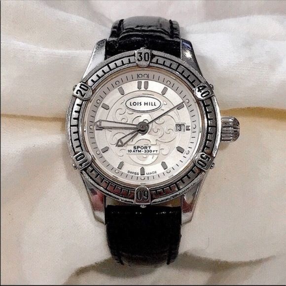 LOIS HILL Round White Filigree Scroll Sport Watch w/ Black Leather Embossed Band - Picture 7 of 7